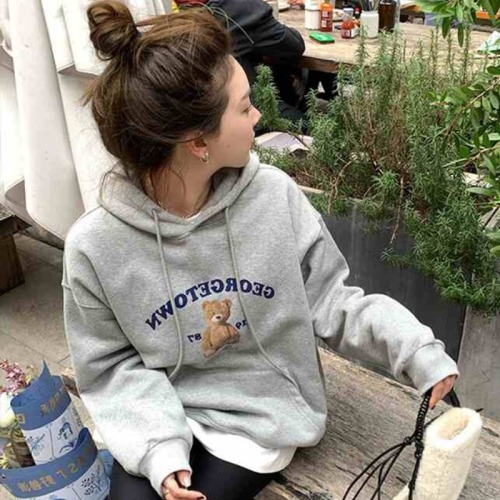 Bear gray hooded velvet thickened sweatshirt for women in autumn and winter for small people American oversize loose lazy top