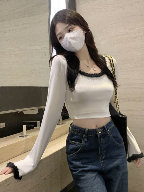 Raw edge contrasting color stitching square neck long-sleeved T-shirt women's autumn and winter design niche short slim fit inner top