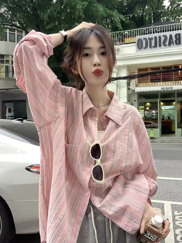 Pink striped sun protection shirt jacket for women summer thin loose mid-length casual long-sleeved shirt oversize