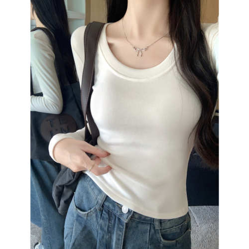 Real shot of cashmere velvet thickened long-sleeved T-shirt for women U-neck slim bottoming shirt