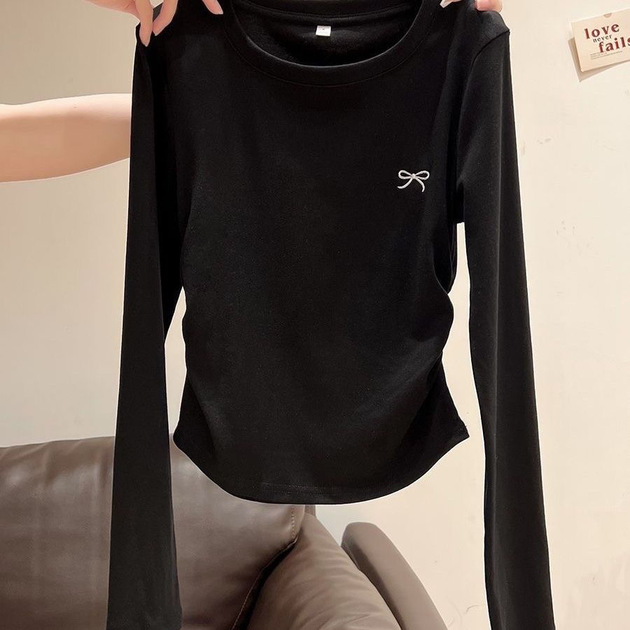 1*1 260g rayon dopamine milk yellow pleated waist bottoming top women's long-sleeved T-shirt