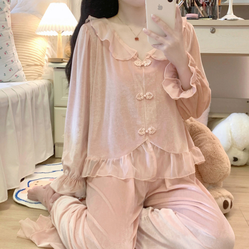 Autumn and winter gold velvet sweet and cute palace style home clothes national style new Chinese style pajamas set for women