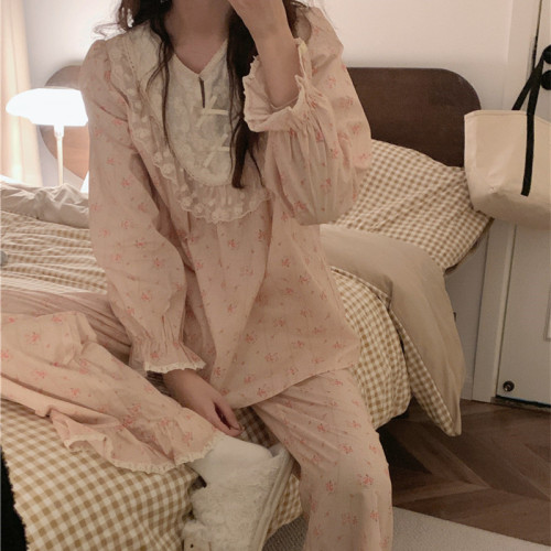 Autumn retro palace style sweet girly floral lace long-sleeved home wear pajamas set