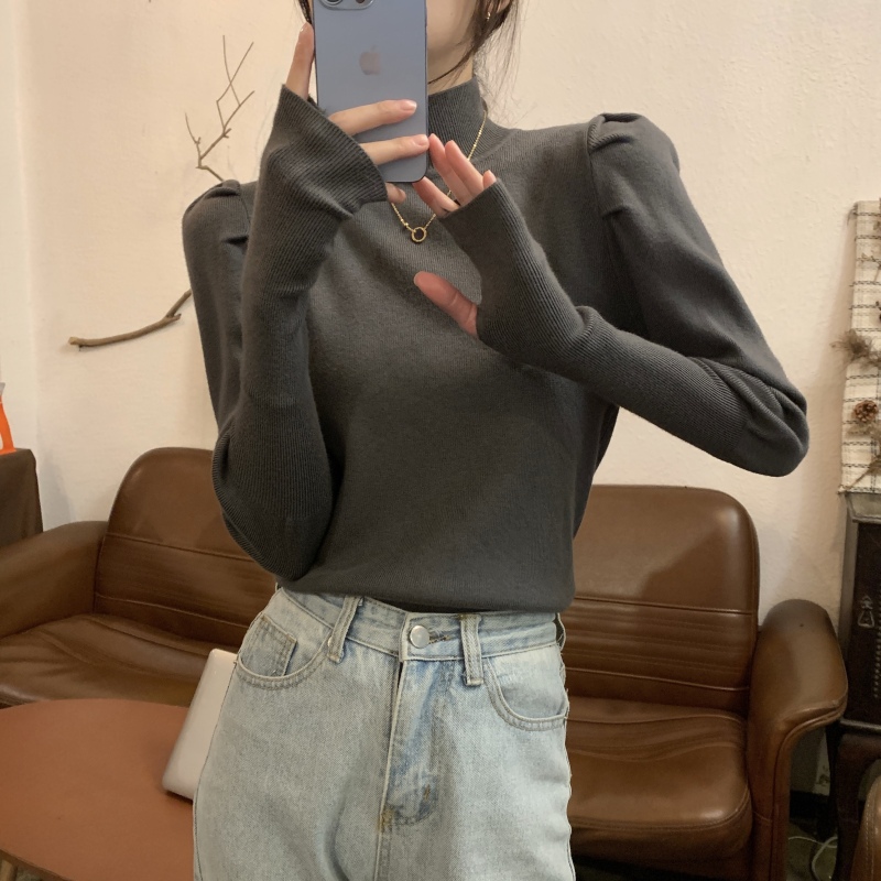 Autumn and winter Korean style half-high collar with puff sleeve design thick knitted sweater base layer top