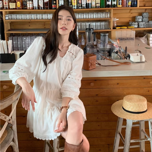 French white puff sleeve shirt dress for women 2024 new spring and summer long-sleeved Yunnan travel wear