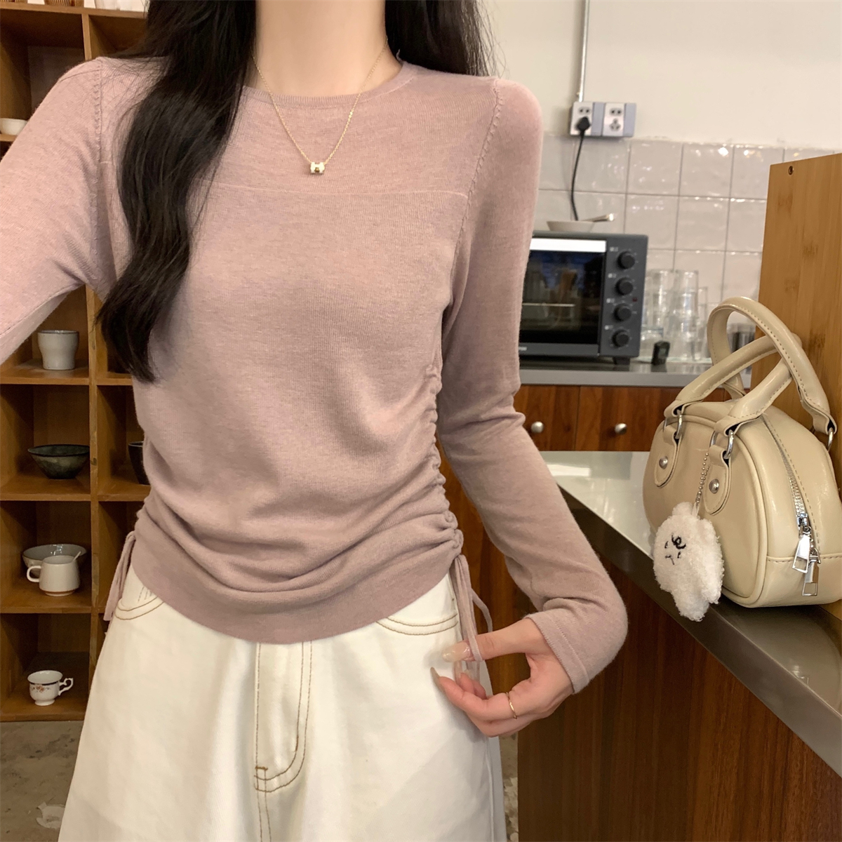 實拍 秋冬韓版圓領透視抽繩顯瘦6羊毛針織衫長袖打底上衣毛衣