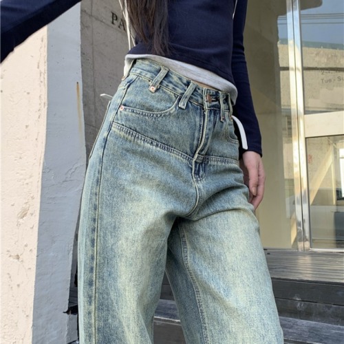 Real shot!  American retro straight jeans for hot girls, new style loose and versatile floor mopping pants