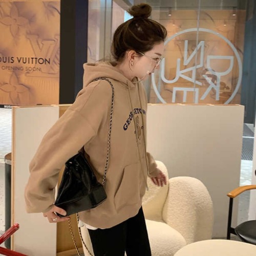 Bear gray hooded velvet thickened sweatshirt for women in autumn and winter for small people American oversize loose lazy top