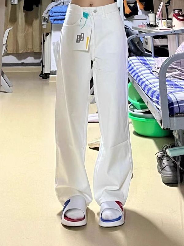White high-waist straight jeans for women, new spring style, versatile, slim, loose, wide-leg pants