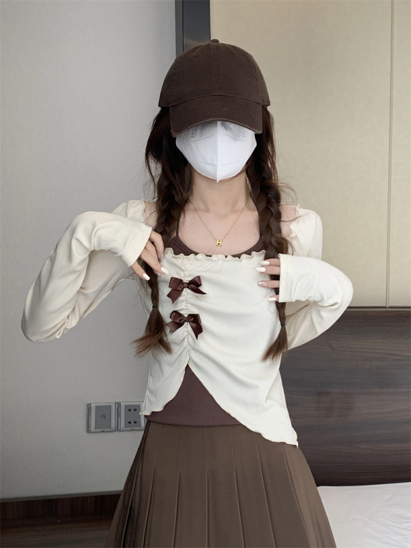 Sweet spicy wood ear bow halter neck strap + one-shoulder irregular top two-piece set