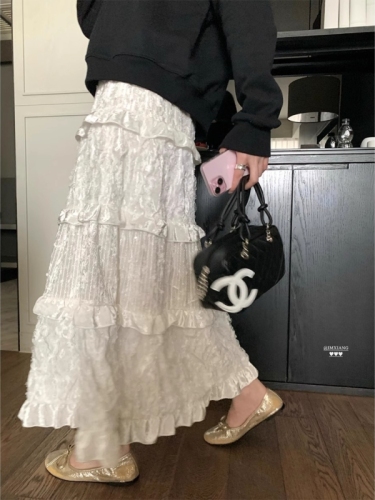 Shell luster~White ruffled cake skirt for women heavy industry glittering lace splicing puffy skirt