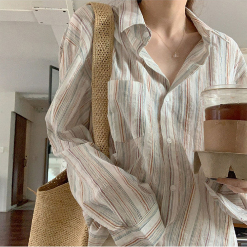 Lazy style striped long-sleeved shirt for women spring and summer shirt design niche loose top for women