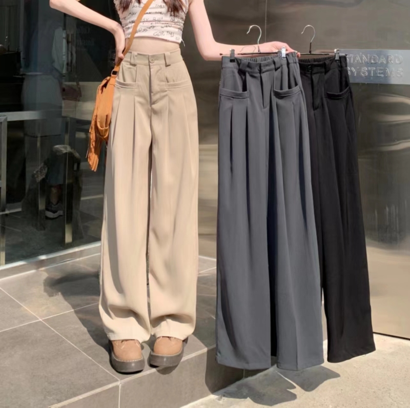 High-waisted straight drape floor-length trousers, high-end gray casual trousers, trousers for women