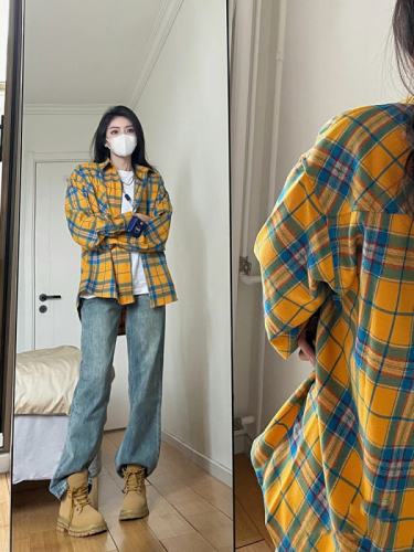 Yellow plaid shirt design high-end new loose couple casual bf style early spring chic top trendy