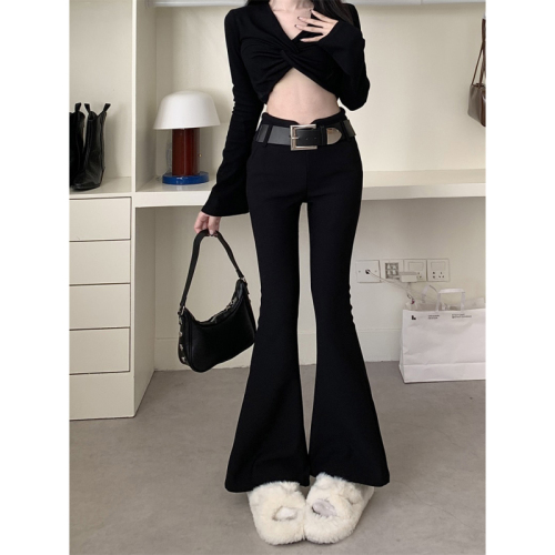 Live shot! Tailored suit-style, lightweight, high-waisted, lined, thick, casual, long pants with design sense, slimming, bell-bottomed long pants