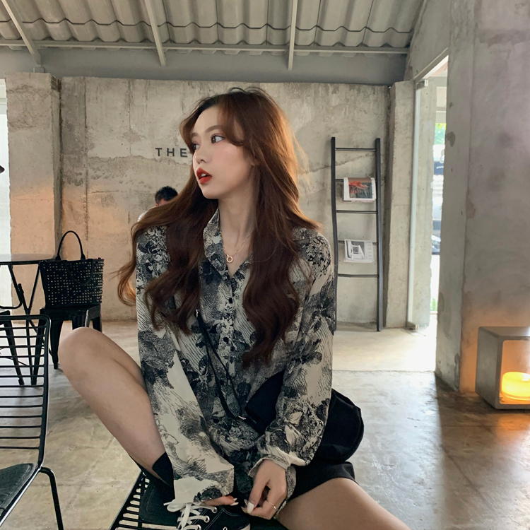 Women's Hong Kong Style Shirt with Design Sensibility, Niche Autumn Loose Long-Sleeve Outerwear, Retro Salt-and-Pepper Print Chiffon Sun Protection Top