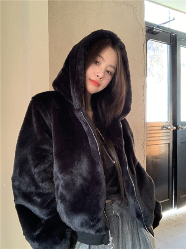 European and American retro plush mink fur hooded cardigan jacket for women with imitation fur