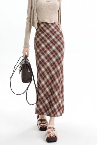 Retro plaid fishtail skirt women's autumn and winter high-waist slimming A-line hip-hugging temperament long skirt