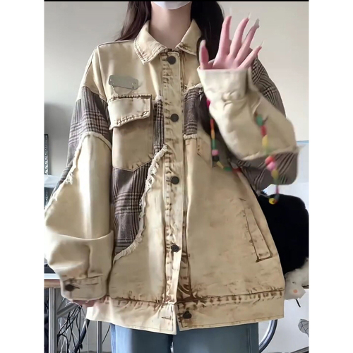 Jacket women's new hot style American retro autumn trendy brand design niche loose denim splicing jacket