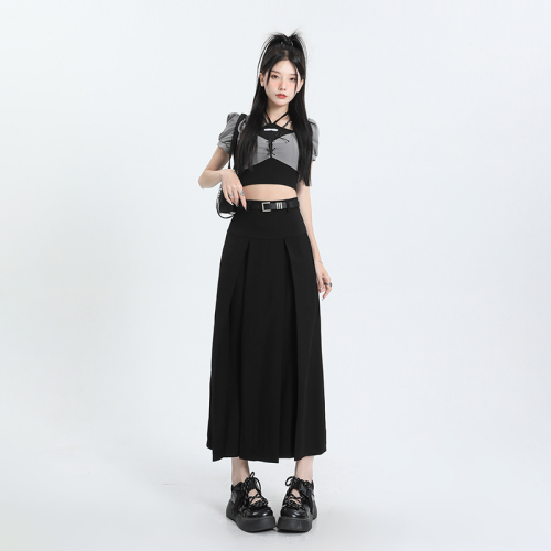 Black pleated suit skirt for women autumn new high-waist drape two-wear mid-length a-line umbrella skirt