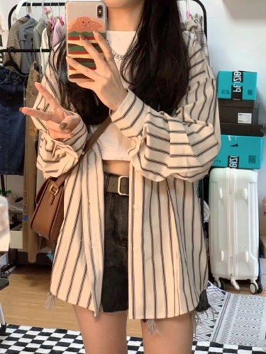 Striped shirt jacket women's summer gentle Korean design niche unique thin sun protection cardigan long-sleeved top