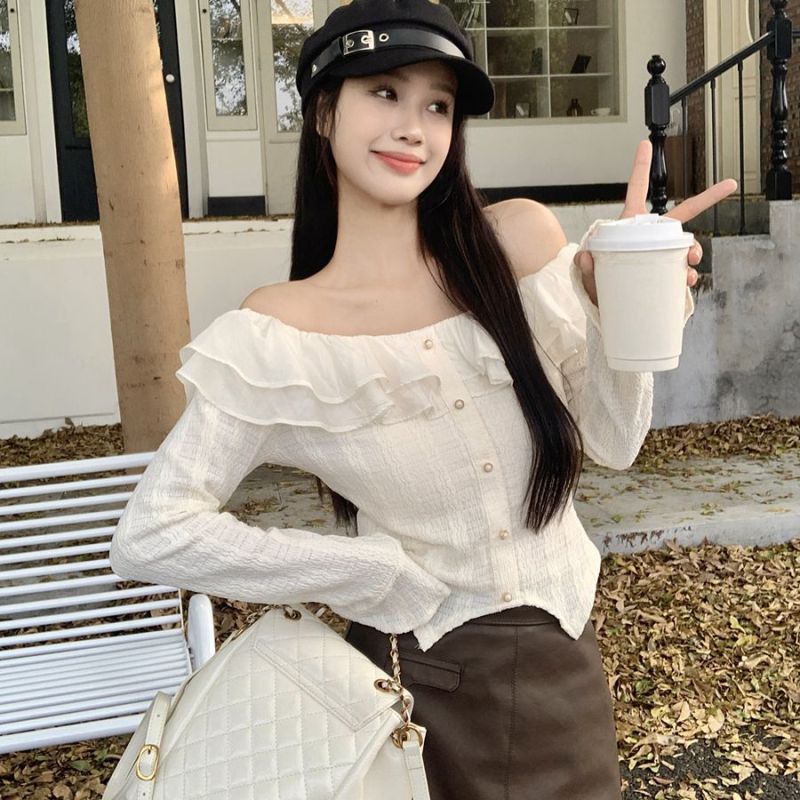 Autumn sweet jacquard slim high waist wavy collar elastic top shirt outer layer base shirt