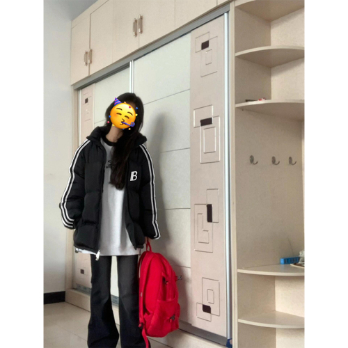 高品质手塞棉加厚冬季新款棉服三条杠宽松印花棉衣面包服女