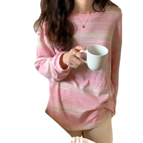 Milk silk striped round neck long-sleeved T-shirt for women in autumn with loose design