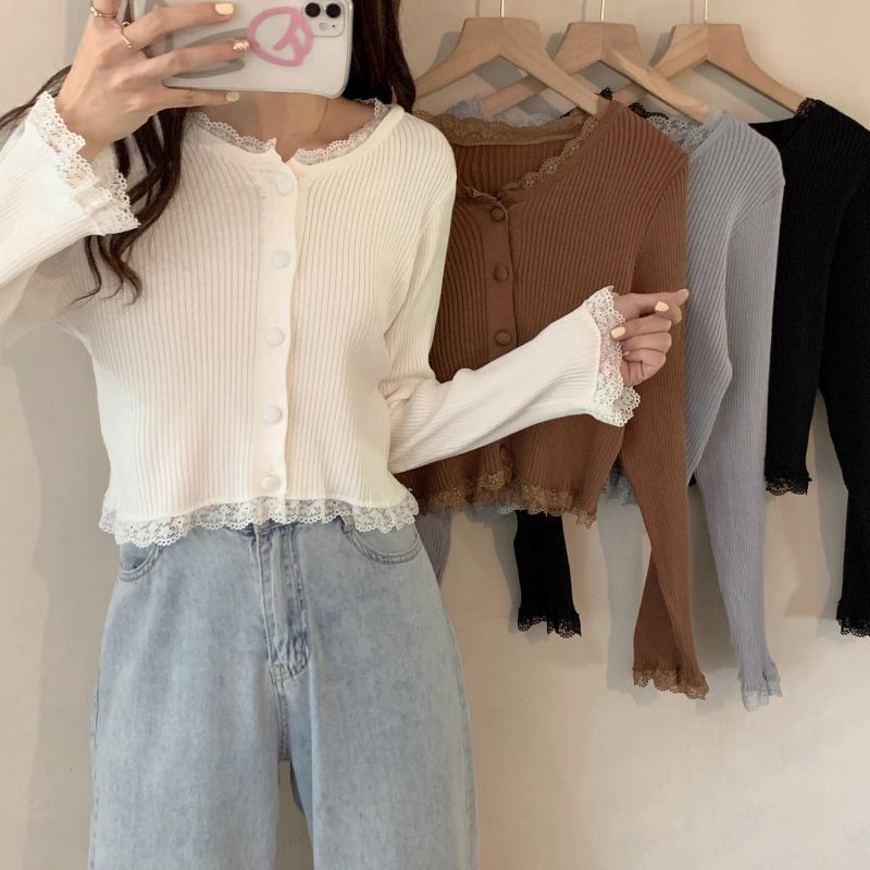 New Korean style lace patchwork cardigan slim fit long-sleeved thin knitted top for women