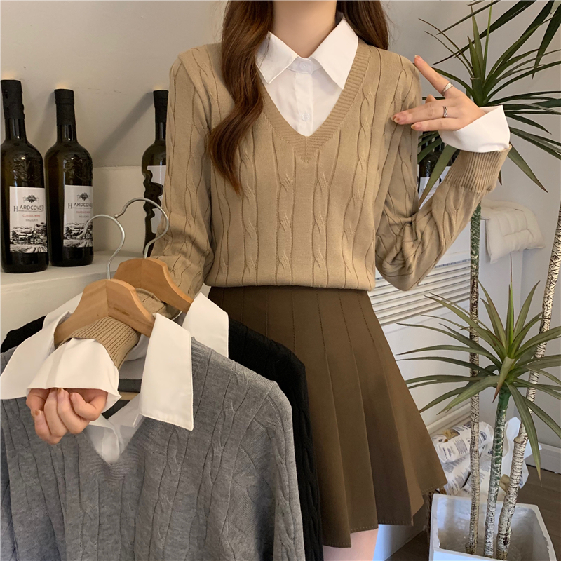 Korean design college style shirt splicing fake two-piece twist long-sleeved top sweater for women