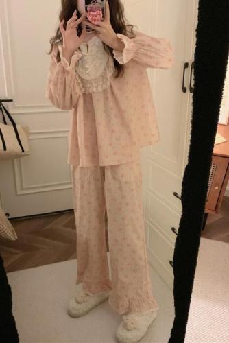 Autumn retro palace style sweet girly floral lace long-sleeved home wear pajamas set