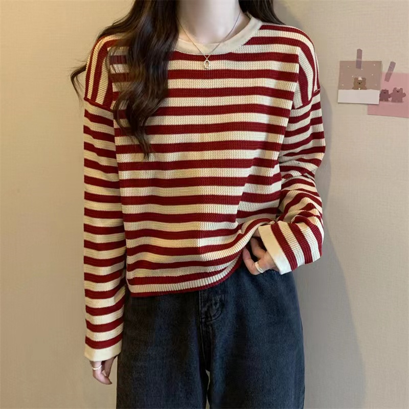 New casual and versatile design niche round neck striped long-sleeved top for women