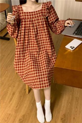 Korean style cotton plaid ins loose casual outer wear autumn and winter long-sleeved home wear suit dress