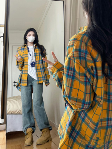 Yellow plaid shirt design high-end new loose couple casual bf style early spring chic top trendy