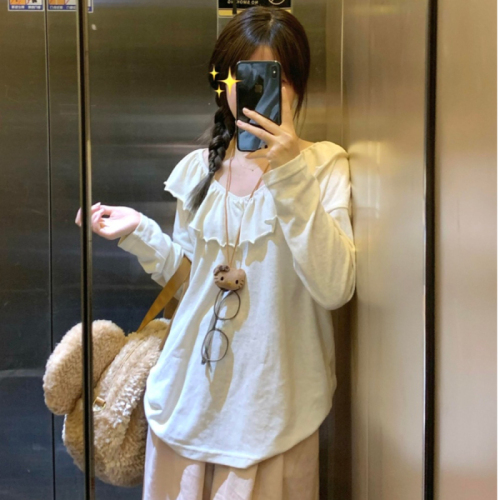 Snowflake linen petals one-line collar long-sleeved T-shirt off-shoulder ruffled autumn new slim design top