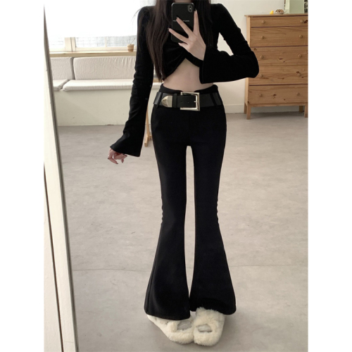 Live shot! Tailored suit-style, lightweight, high-waisted, lined, thick, casual, long pants with design sense, slimming, bell-bottomed long pants