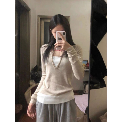 Guangzhou Sheep Wool Fake Two Piece V Neck Long Sleeve T-Shirt Women's Slim Unique Top