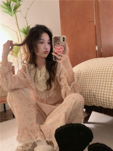 Autumn retro palace style sweet girly floral lace long-sleeved home wear pajamas set