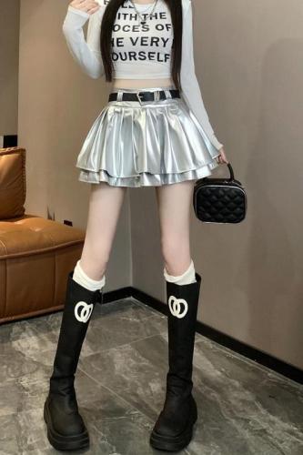 Millennial American Hot Girl Silver PU Leather Skirt Autumn and Winter High Waist A-Line Skirt Pleated Cake Skirt