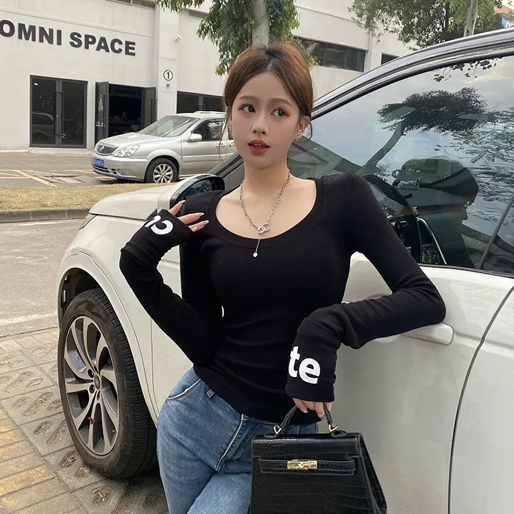 Shufu velvet 2*2 small fresh spring and autumn letter print brushed new solid color bottoming shirt