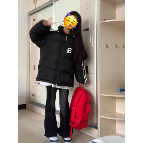 高品质手塞棉加厚冬季新款棉服三条杠宽松印花棉衣面包服女