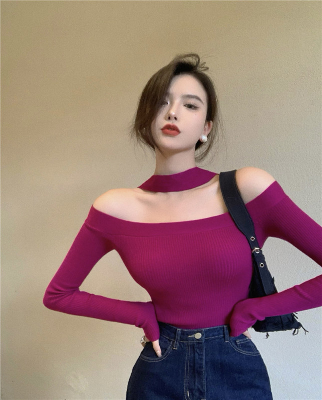 Hong Kong style retro knitted top for women, autumn temperament, one-shoulder slimming bottoming knitted sweater