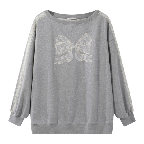 Korean version of foreign trade Chinese cotton composite white water for women butterfly girl gray sweatshirt for women with loose lace