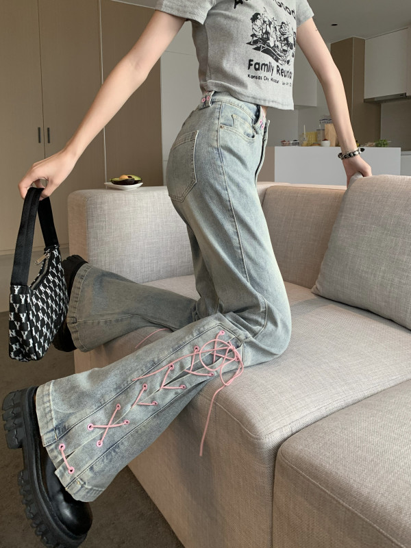 Niche design pink lace-up boot-cut trousers for women new high-waisted washed retro jeans