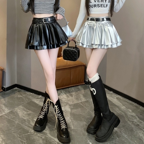 Millennial American Hot Girl Silver PU Leather Skirt Autumn and Winter High Waist A-Line Skirt Pleated Cake Skirt