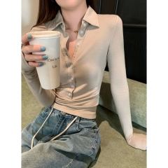 Actual shot of autumn and winter Korean style slim fit polo button design cashmere fleece long-sleeved inner T-shirt top