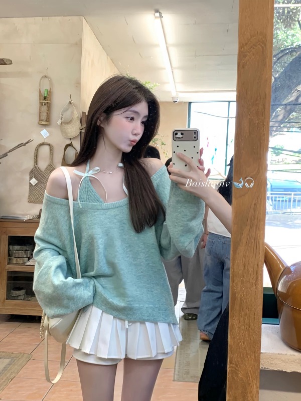 First love girl off-shoulder long-sleeved T-shirt women's bow halter neck suspender design loose suit