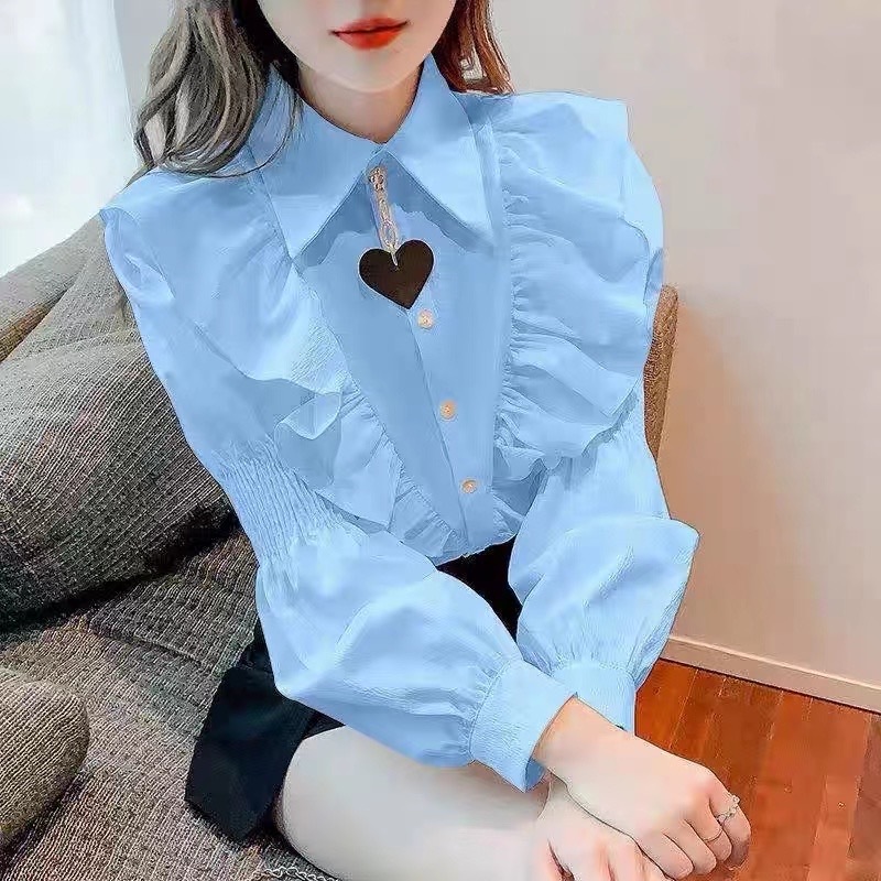Niche design ruffled lantern sleeve shirt spring and summer new style slimming long sleeves