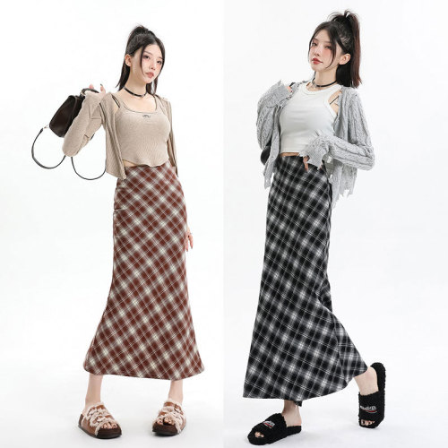 Retro plaid fishtail skirt women's autumn and winter high-waist slimming A-line hip-hugging temperament long skirt