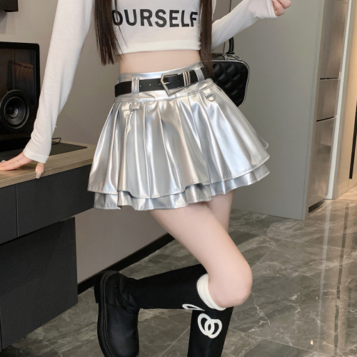 Millennial American Hot Girl Silver PU Leather Skirt Autumn and Winter High Waist A-Line Skirt Pleated Cake Skirt